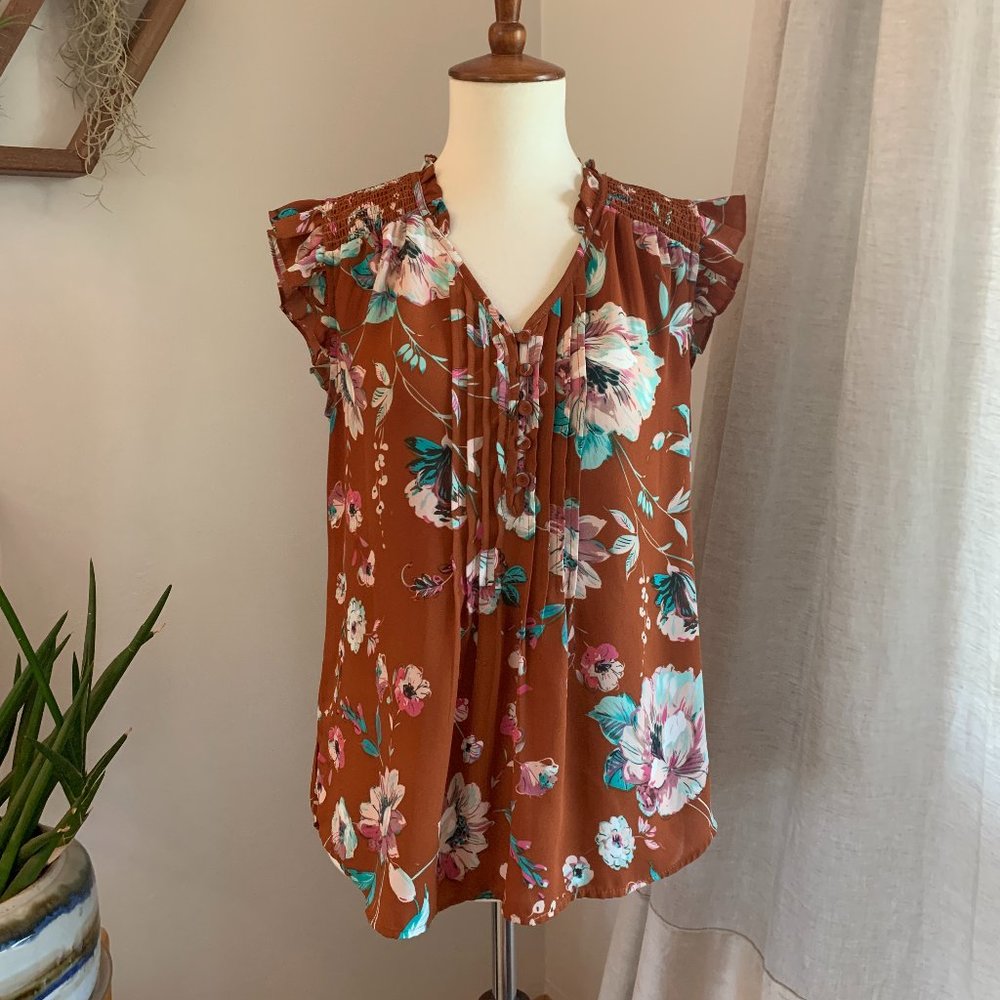 Terracotta floral boho sleeveless blouse, Daniel Rainn XS